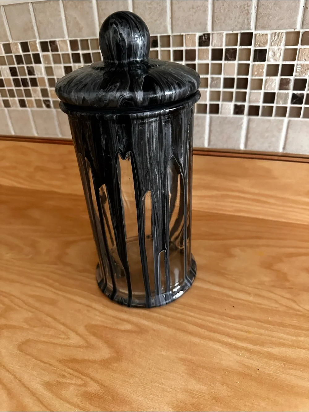 Hand crafted Black and silver Marble Effect glass Canister with Lid
